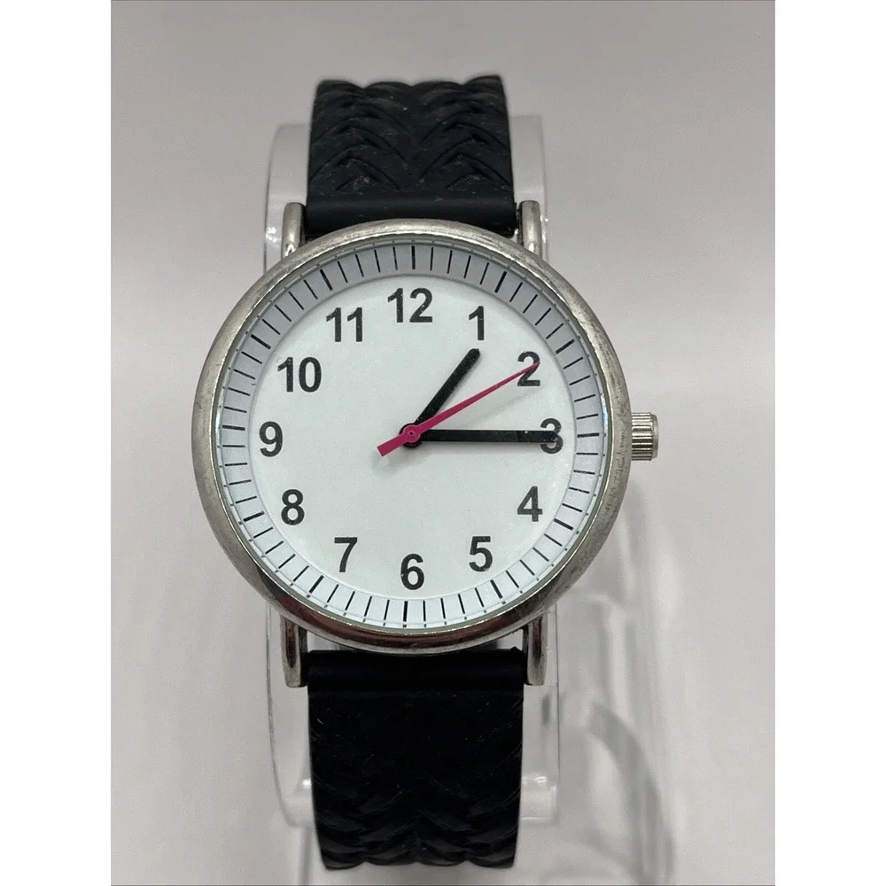 Women's Quartz Watch Black Textured Silicone Band Silver‎ 36mm Case- New Battery